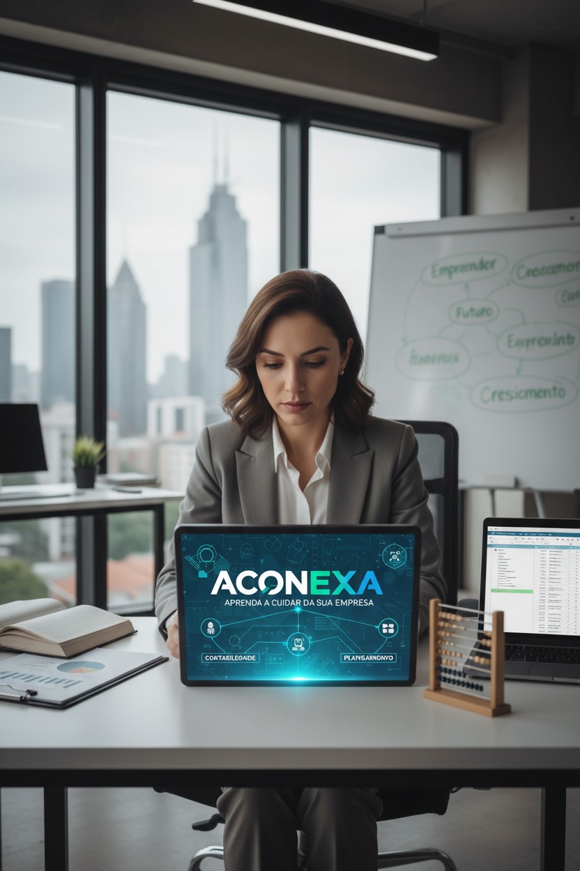 Uma mulher de negócios trabalha em um escritório moderno com um laptop exibindo a marca ACONEXA e um gráfico de gestão empresarial na tela.