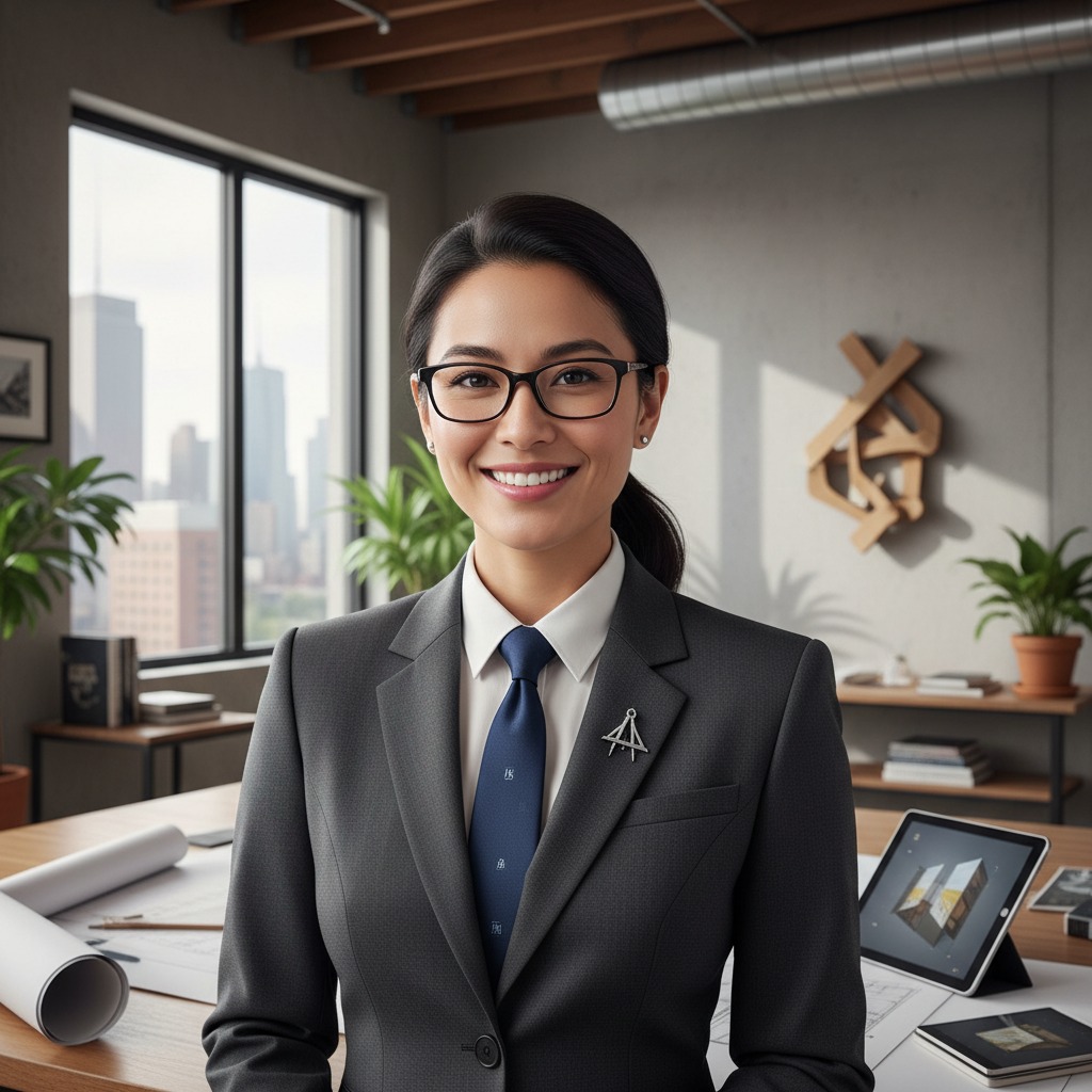 Mulher de negócios sorridente vestindo terno e óculos em um escritório com plantas e projetos sobre a mesa.