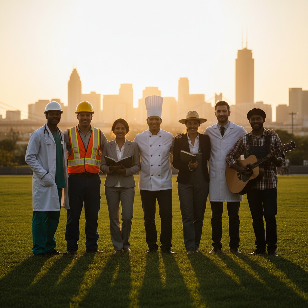 Grupo de profissionais de diversas áreas posando em um campo gramado com o horizonte da cidade ao fundo durante o pôr do sol.