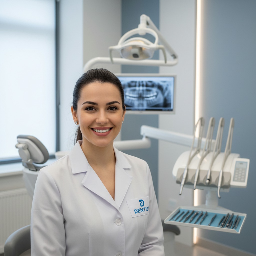 Dentista sorridente vestindo jaleco branco em um consultório odontológico moderno com equipamentos ao fundo.