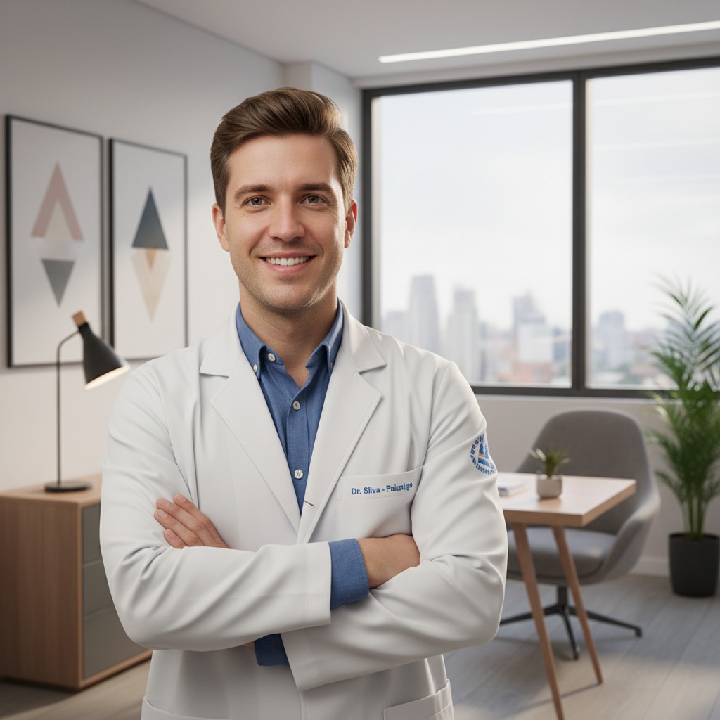 Médico sorridente de jaleco branco com os braços cruzados em seu consultório moderno.