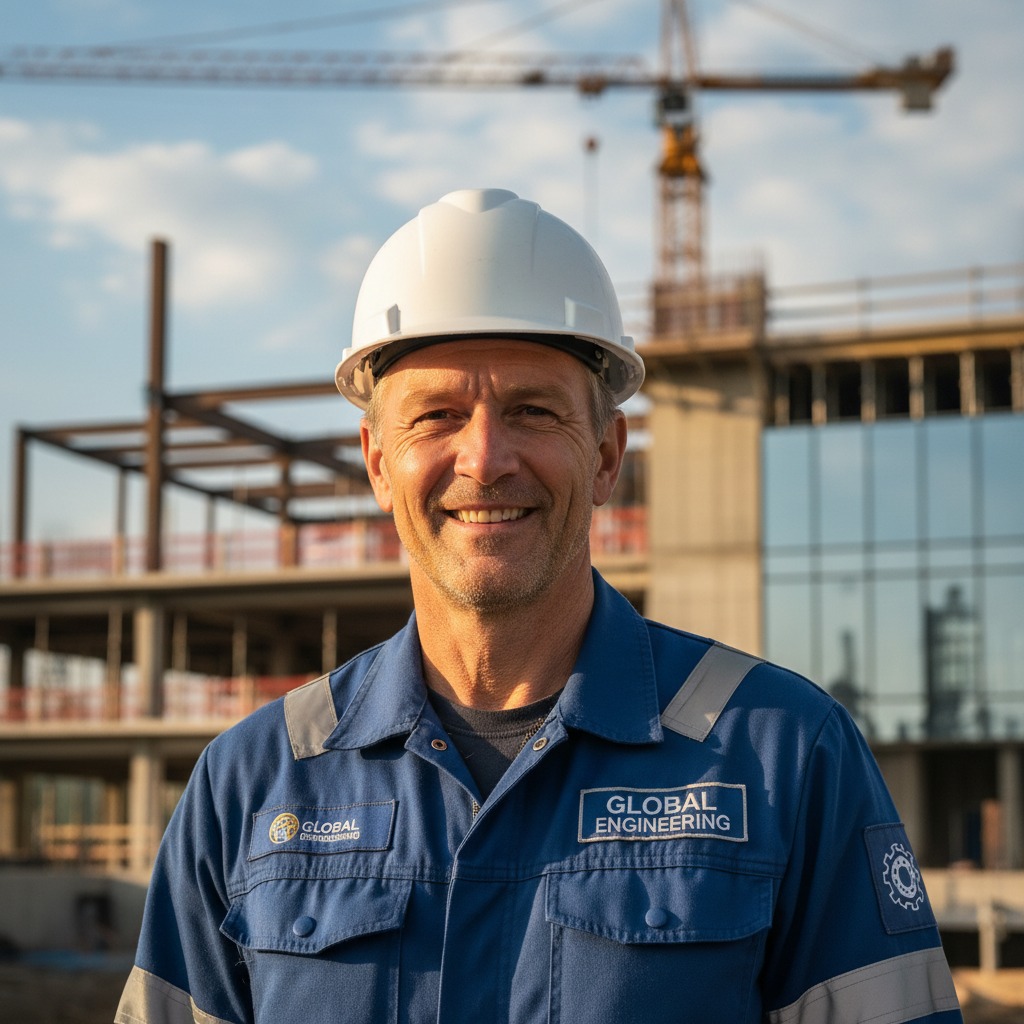 Engenheiro sorridente vestindo capacete branco e uniforme azul em frente a um canteiro de obras.